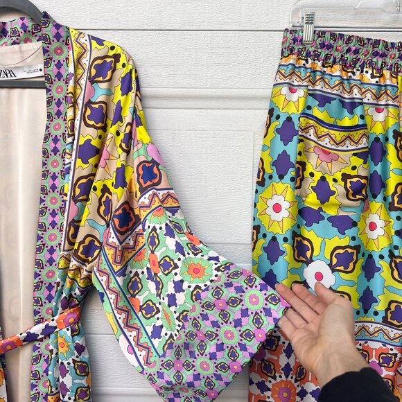 Zara Co-Ord Set multicoloured printed kimono with belt and matching trousers XL - Picture 6 of 15